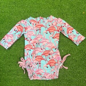 RuffleButts Baby Girl 0-3m Flamingo Summer Swimsuit Rash Guard